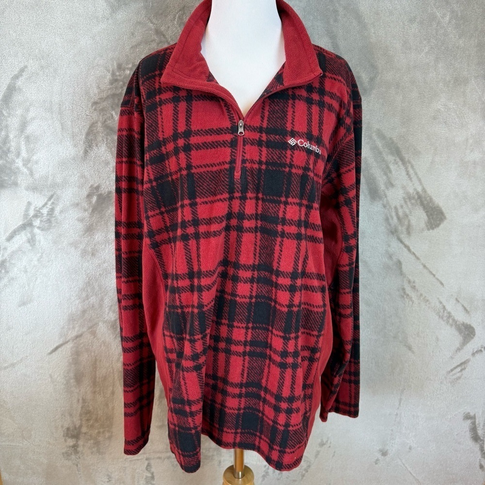 Womens Columbia Pullover Jacket Sz Large Red Black Plaid Quarter Zip